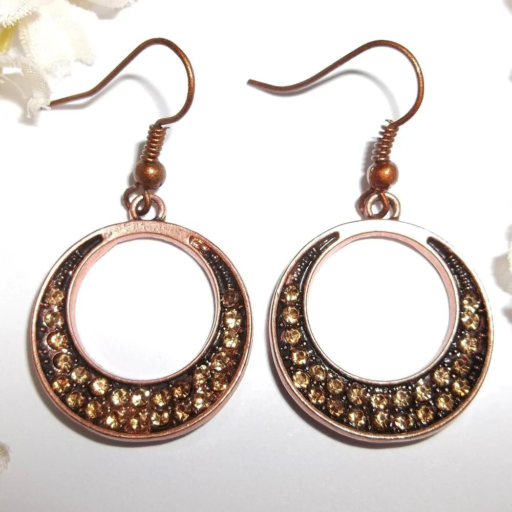 Small Copper Hoop Earrings with Sparkly Rhinestones Dangle Drop Jewelry A897